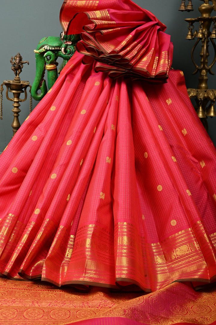 Pink Dual tone Zari Checks on Kanjivaram Silk Saree with Zari Buttas and Zari Border  | SILK MARK CERTIFIED | SHOBITAM