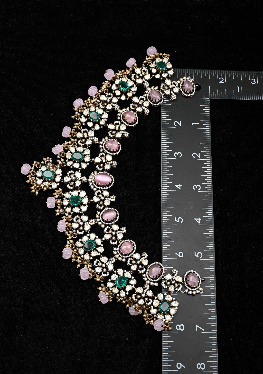 Pure 92.5 silver Pin and green stones Victorian Necklace Set
