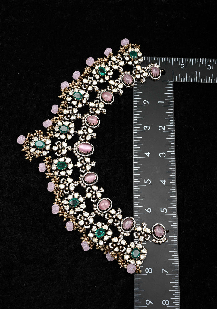 Pure 92.5 silver Pin and green stones Victorian Necklace Set