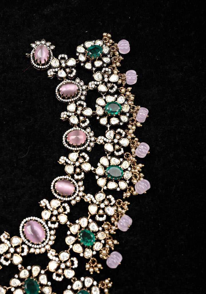Pure 92.5 silver Pin and green stones Victorian Necklace Set