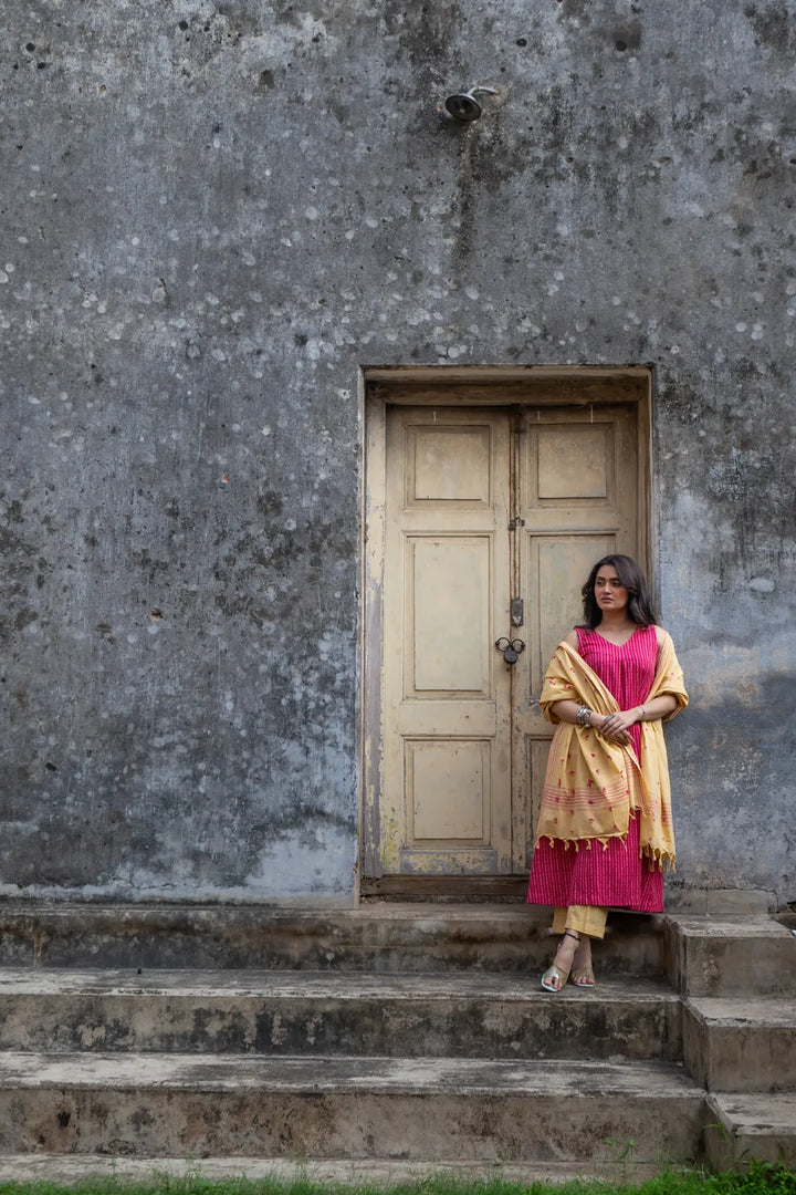 Pink Pure South Cotton Woven Kurta Set with Dupatta