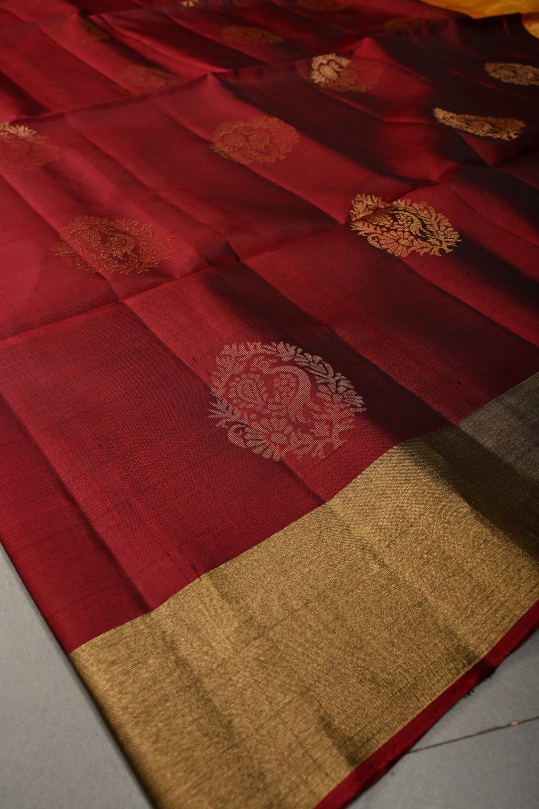 Maroon Kanjivaram Soft Silk Saree with Floral Peacock Zari Buttas and Zari Border | SILK MARK CERTIFIED | SHOBITAM