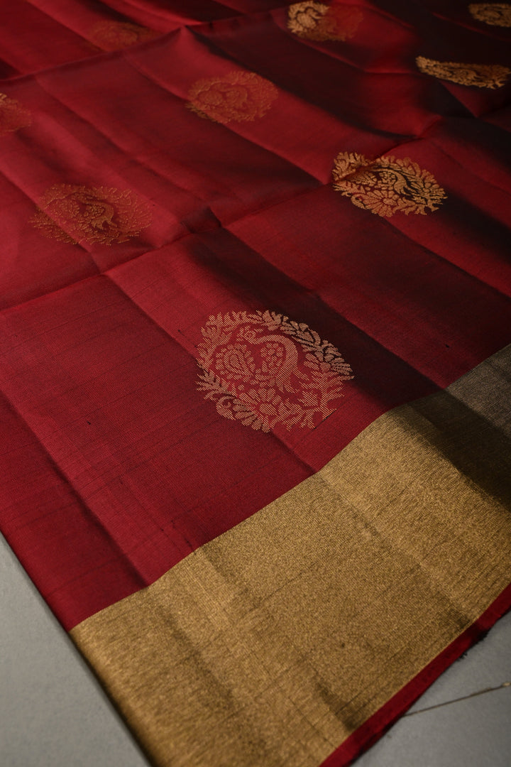 Maroon Kanjivaram Soft Silk Saree with Floral Peacock Zari Buttas and Zari Border | SILK MARK CERTIFIED | SHOBITAM