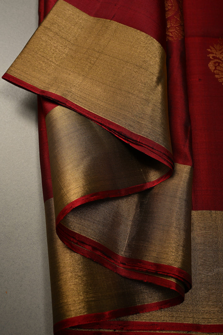 Maroon Kanjivaram Soft Silk Saree with Floral Peacock Zari Buttas and Zari Border | SILK MARK CERTIFIED | SHOBITAM