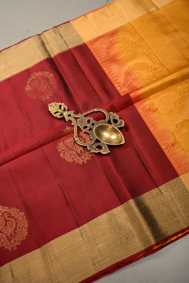 Maroon Kanjivaram Soft Silk Saree with Floral Peacock Zari Buttas and Zari Border | SILK MARK CERTIFIED | SHOBITAM