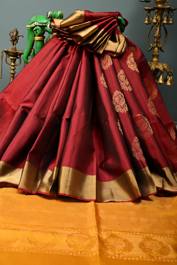 Maroon Kanjivaram Soft Silk Saree with Floral Peacock Zari Buttas and Zari Border | SILK MARK CERTIFIED | SHOBITAM
