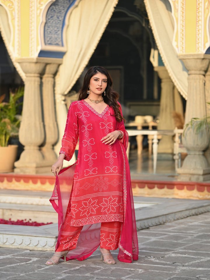 Pink Peach and Orange Ombré Pure Crepe Bandhani Suit Set -SET OF-3 | SHOBITAM