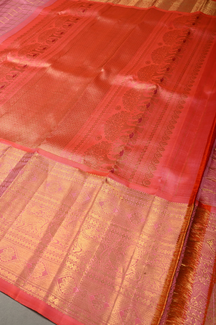 Rosemilk Pink Gadwal Silk Saree with Gold-Silver Ornate Stripes and Orange Contrast Zari Border | SILK MARK CERTIFIED | SHOBITAM