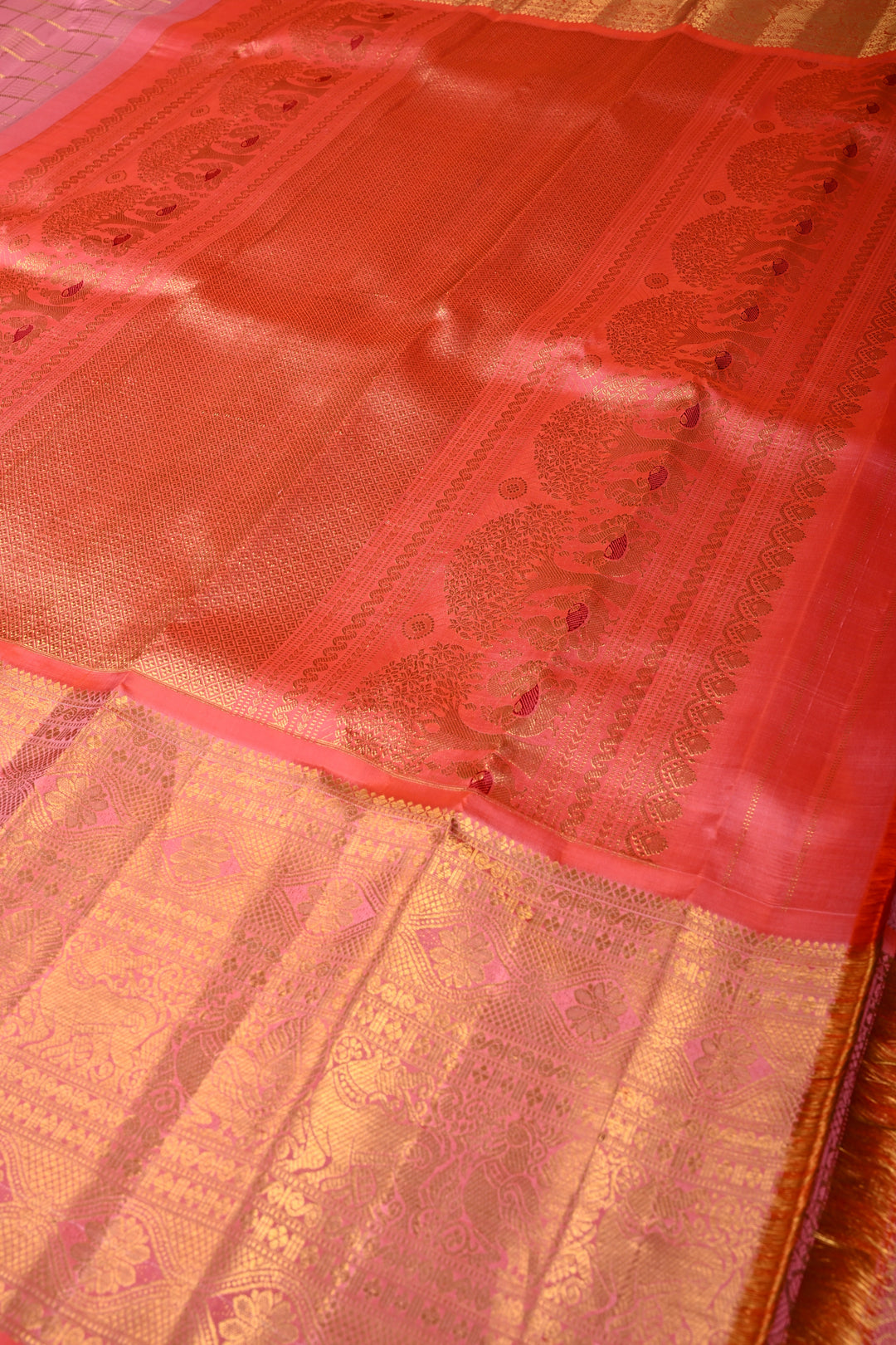 Rosemilk Pink Gadwal Silk Saree with Gold-Silver Ornate Stripes and Orange Contrast Zari Border | SILK MARK CERTIFIED | SHOBITAM