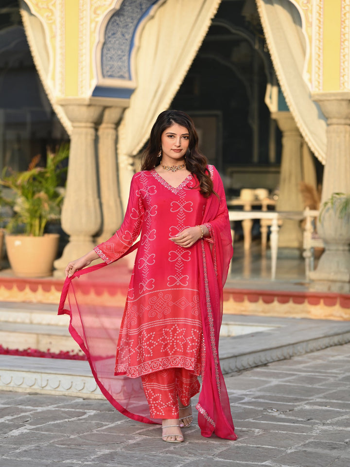 Pink Peach and Orange Ombré Pure Crepe Bandhani Suit Set -SET OF-3 | SHOBITAM