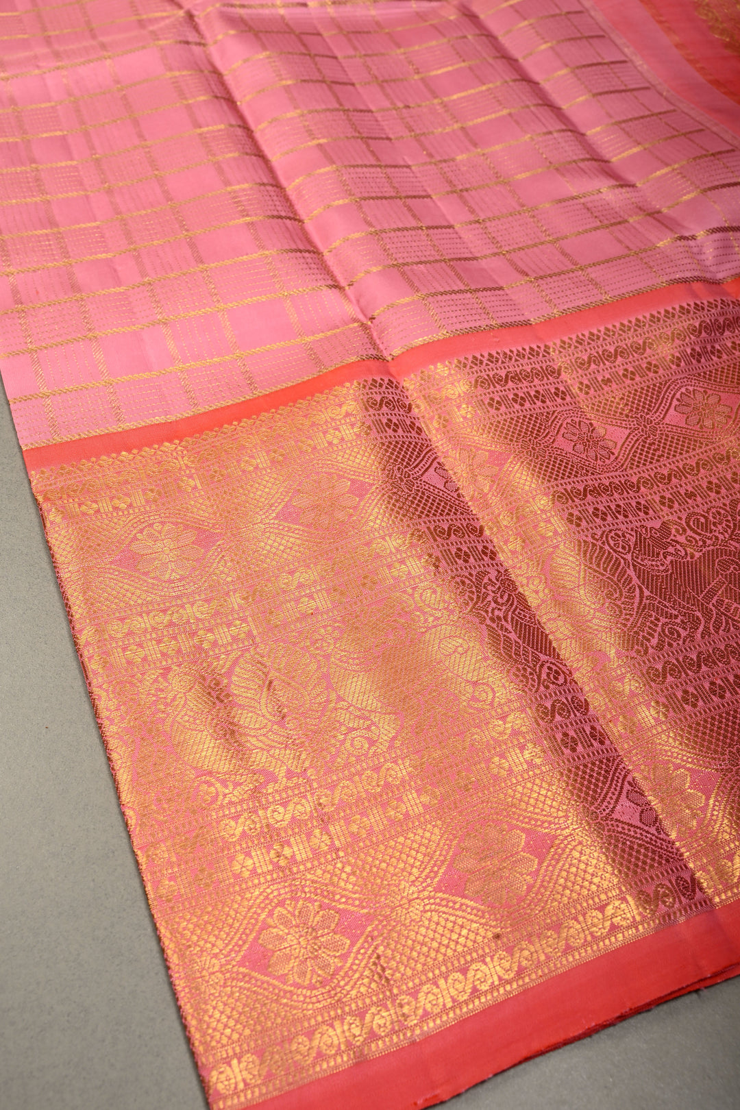 Rosemilk Pink Gadwal Silk Saree with Gold-Silver Ornate Stripes and Orange Contrast Zari Border | SILK MARK CERTIFIED | SHOBITAM