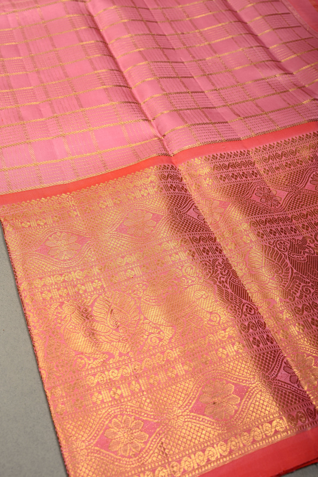 Rosemilk Pink Gadwal Silk Saree with Gold-Silver Ornate Stripes and Orange Contrast Zari Border | SILK MARK CERTIFIED | SHOBITAM