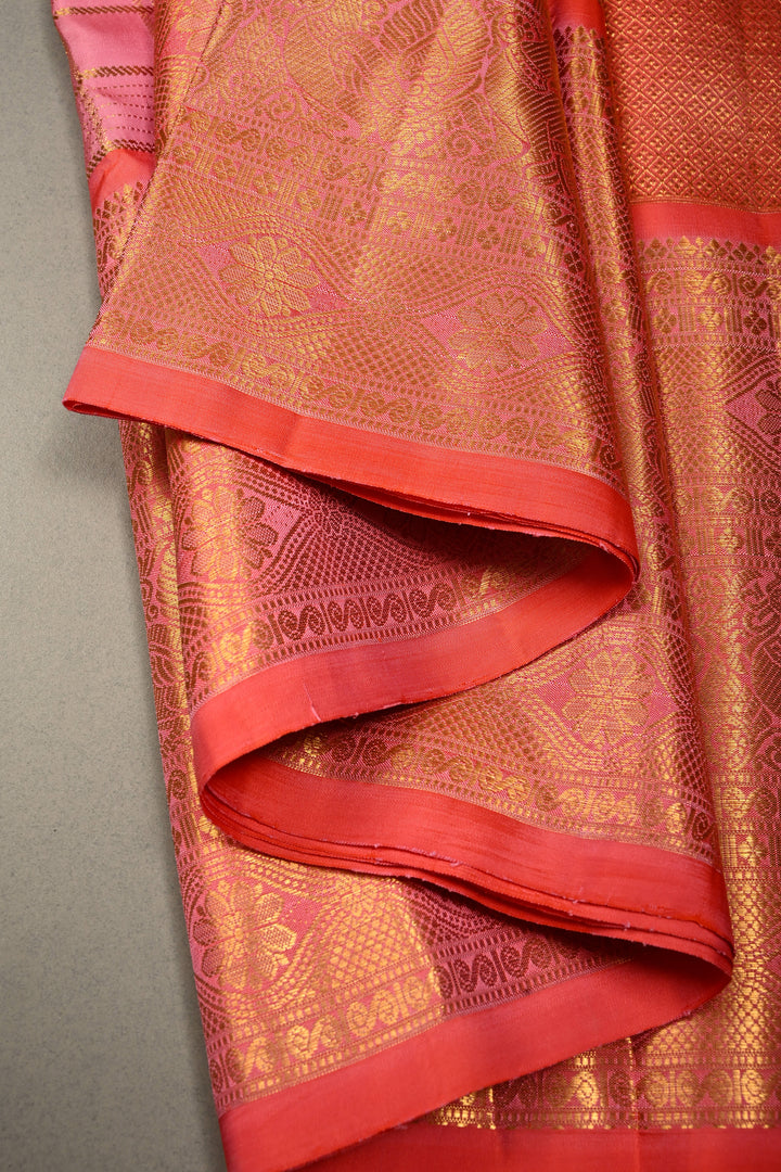 Rosemilk Pink Gadwal Silk Saree with Gold-Silver Ornate Stripes and Orange Contrast Zari Border | SILK MARK CERTIFIED | SHOBITAM
