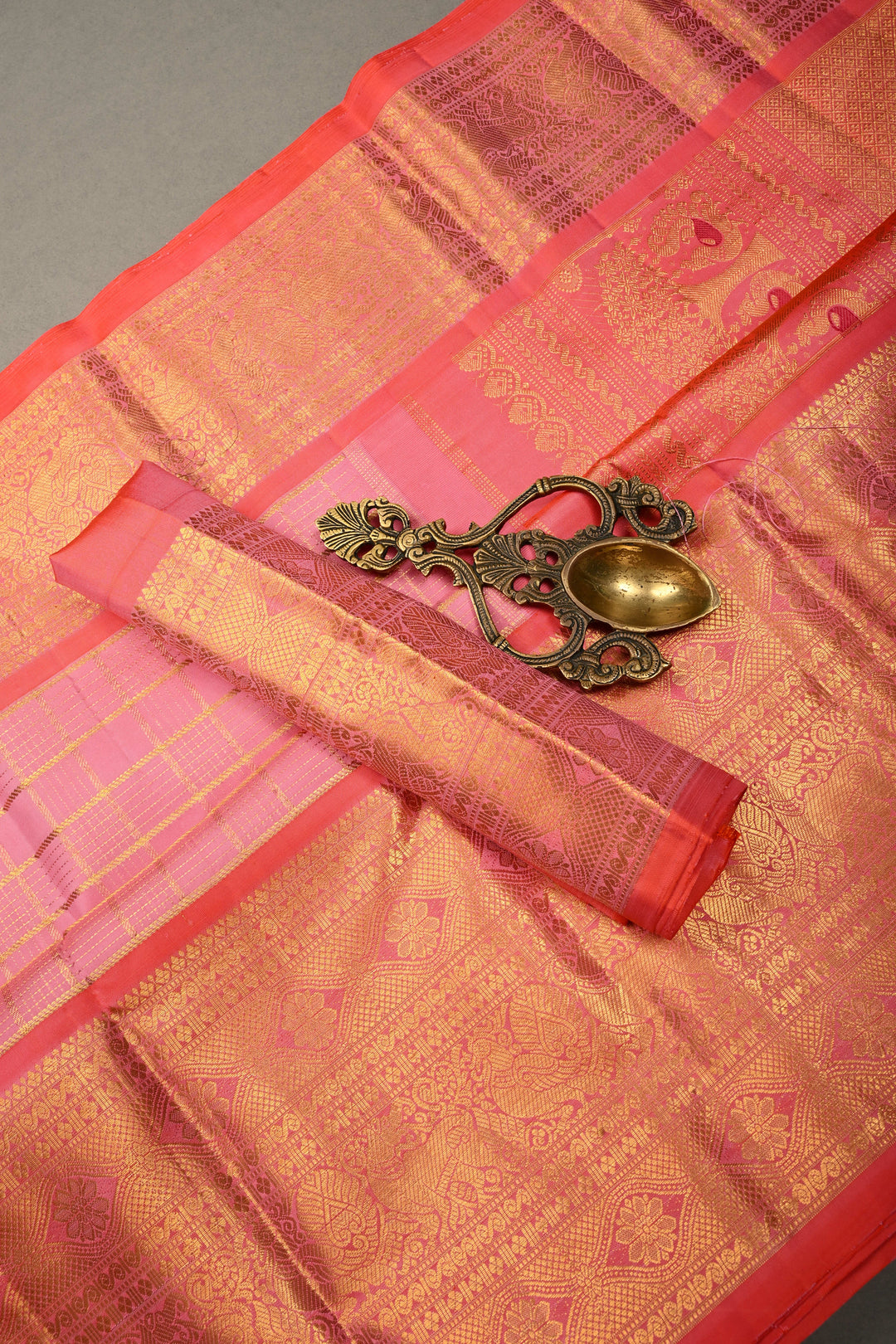 Rosemilk Pink Gadwal Silk Saree with Gold-Silver Ornate Stripes and Orange Contrast Zari Border | SILK MARK CERTIFIED | SHOBITAM
