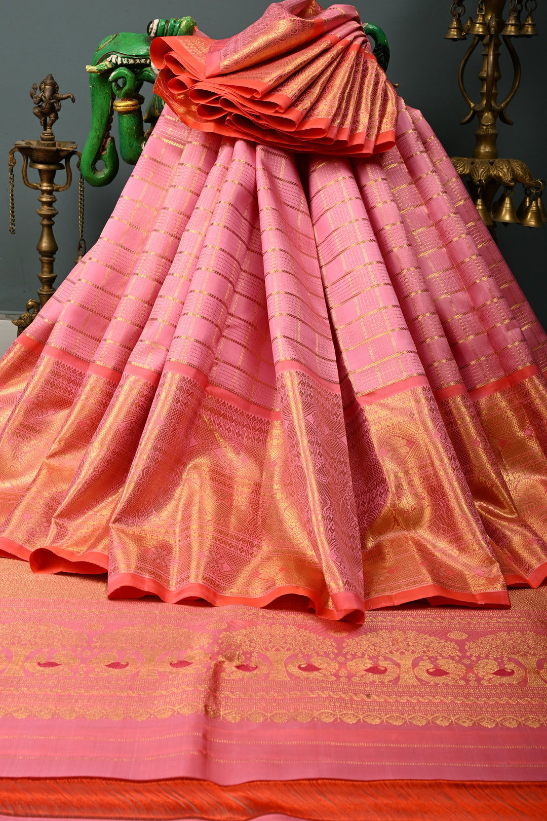 Rosemilk Pink Gadwal Silk Saree with Gold-Silver Ornate Stripes and Orange Contrast Zari Border | SILK MARK CERTIFIED | SHOBITAM