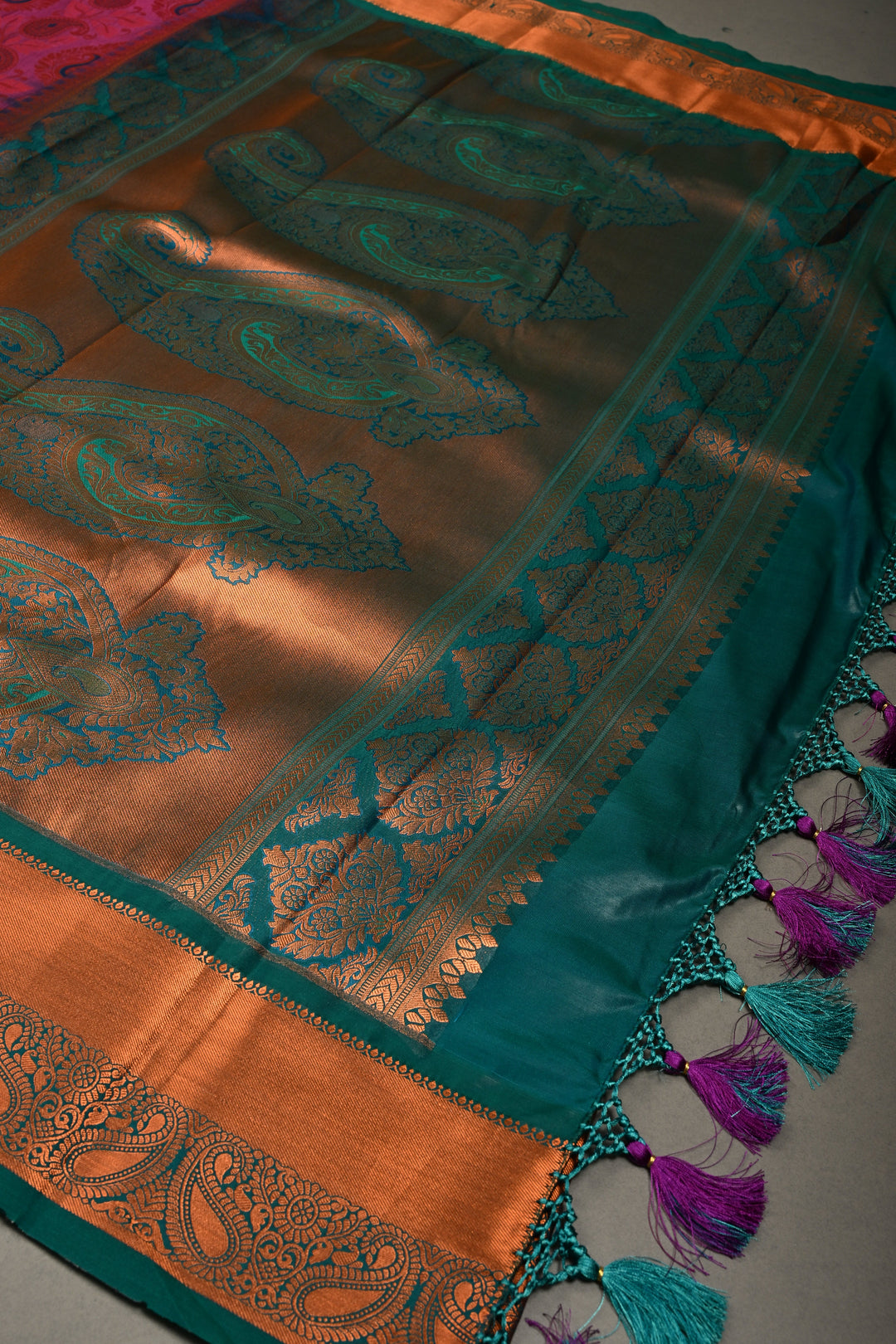 Purple Dual Tone Semi Silk Saree with Meenakari Floral Paisley Zari Brocade and Contrast Zari Border