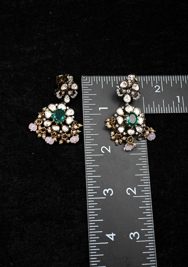 Pure 92.5 silver Pin and green stones Victorian Necklace Set