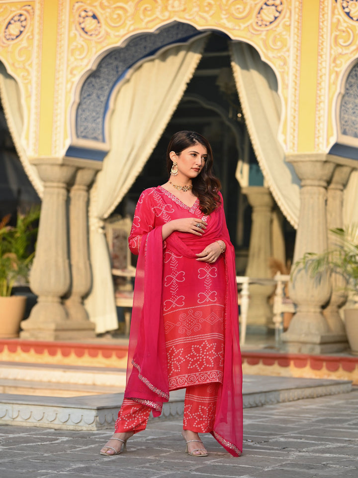 Pink Peach and Orange Ombré Pure Crepe Bandhani Suit Set -SET OF-3 | SHOBITAM