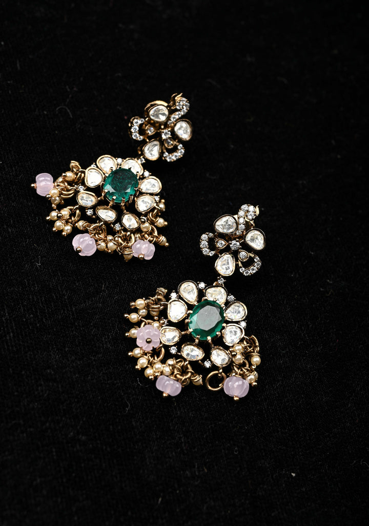 Pure 92.5 silver Pin and green stones Victorian Necklace Set