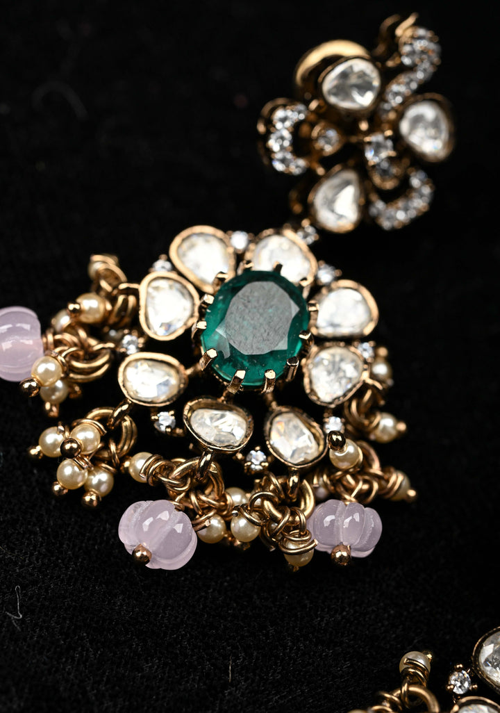 Pure 92.5 silver Pin and green stones Victorian Necklace Set
