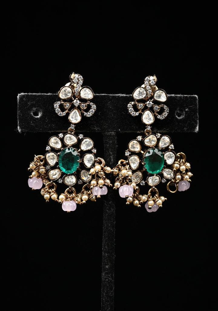 Pure 92.5 silver Pin and green stones Victorian Necklace Set