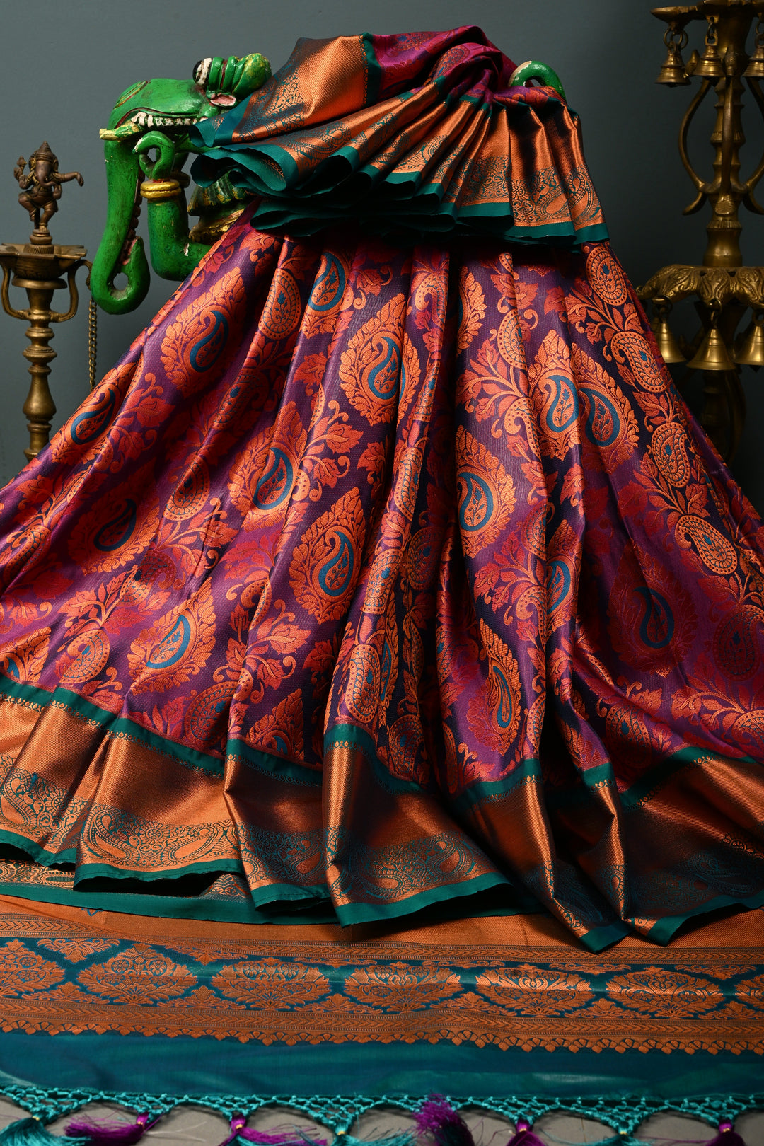 Purple Dual Tone Semi Silk Saree with Meenakari Floral Paisley Zari Brocade and Contrast Zari Border