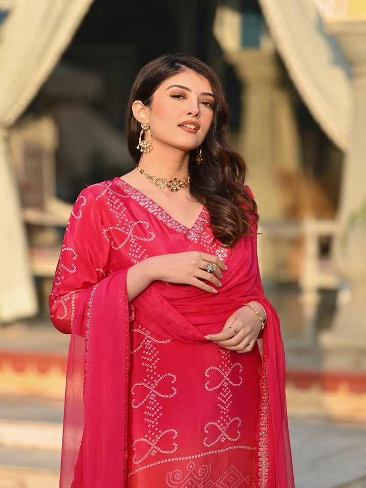 Pink Peach and Orange Ombré Pure Crepe Bandhani Suit Set -SET OF-3 | SHOBITAM