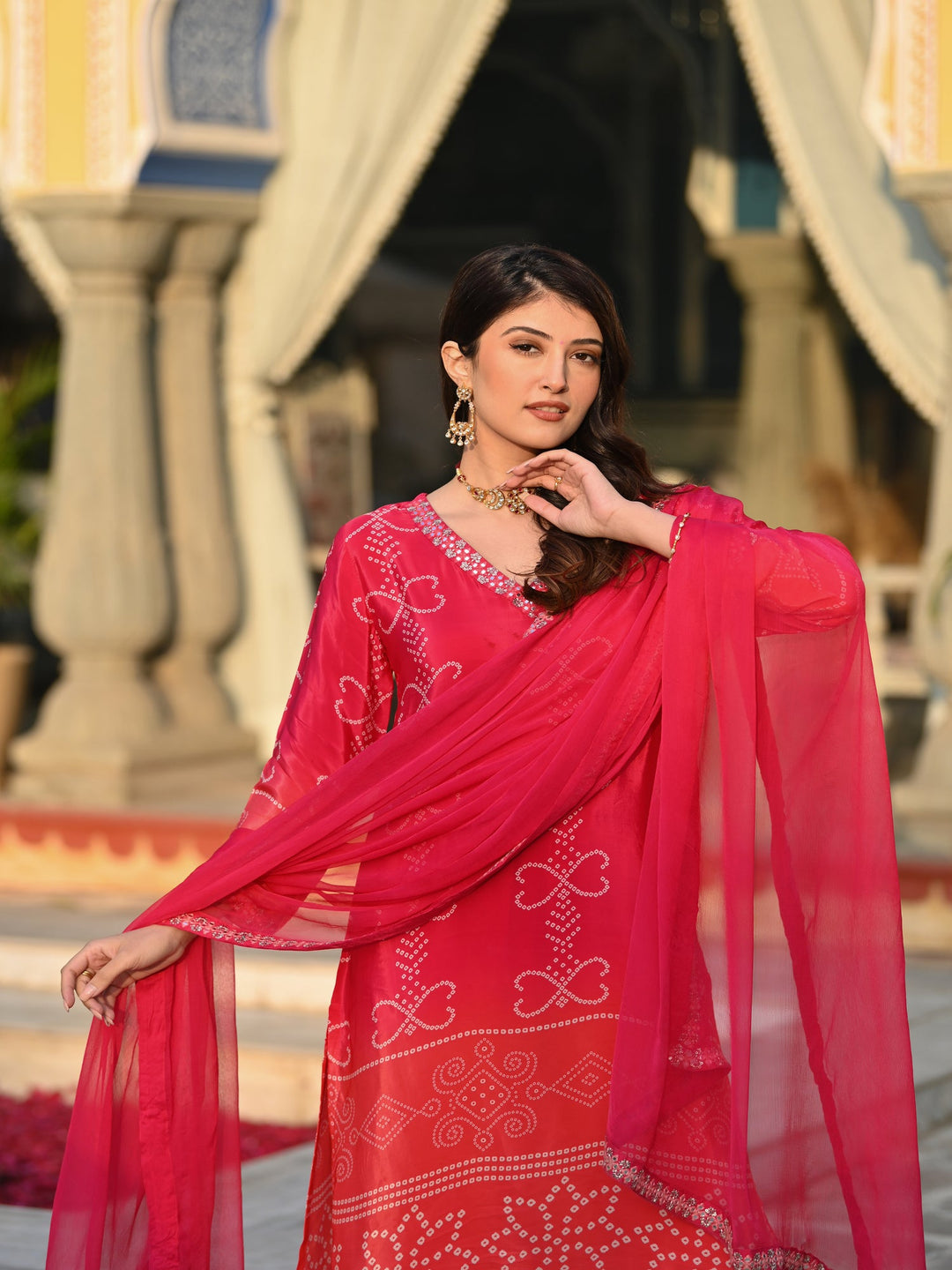 Pink Peach and Orange Ombré Pure Crepe Bandhani Suit Set -SET OF-3 | SHOBITAM