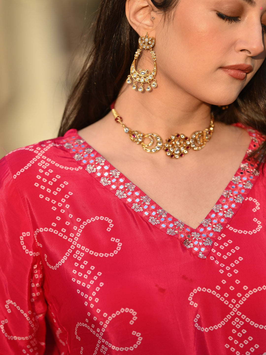 Pink Peach and Orange Ombré Pure Crepe Bandhani Suit Set -SET OF-3 | SHOBITAM