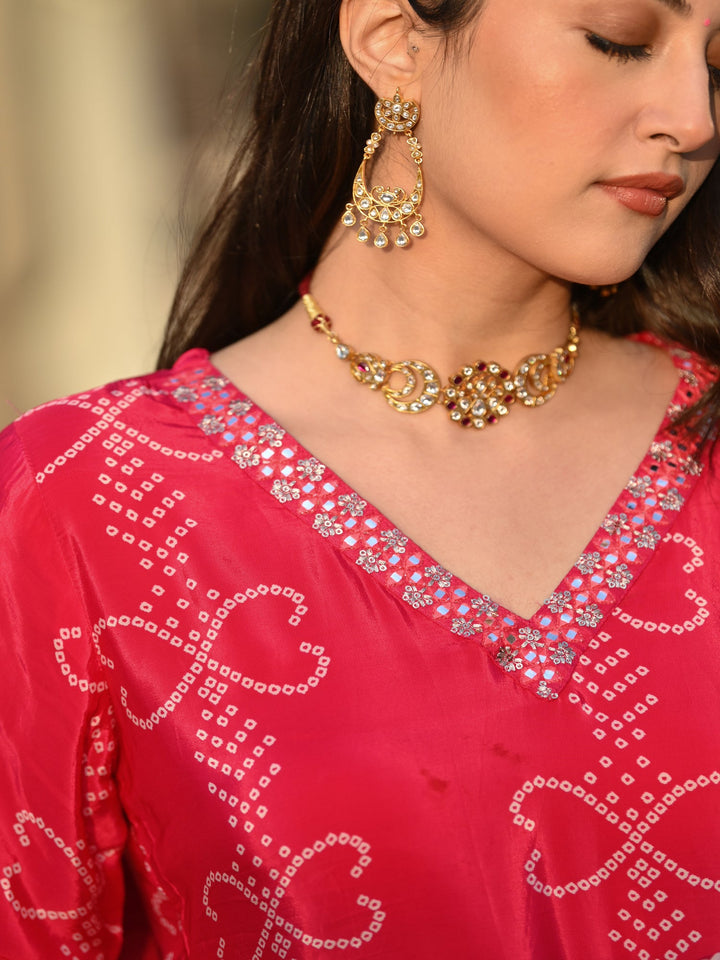 Pink Peach and Orange Ombré Pure Crepe Bandhani Suit Set -SET OF-3 | SHOBITAM