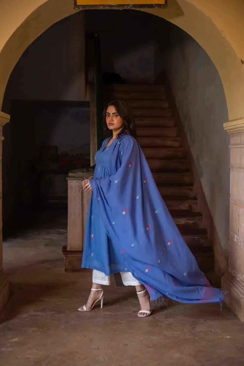 Handloom Sky Blue Pure Cotton Jamdani Kurta Set With Dupatta | SHOBITAM