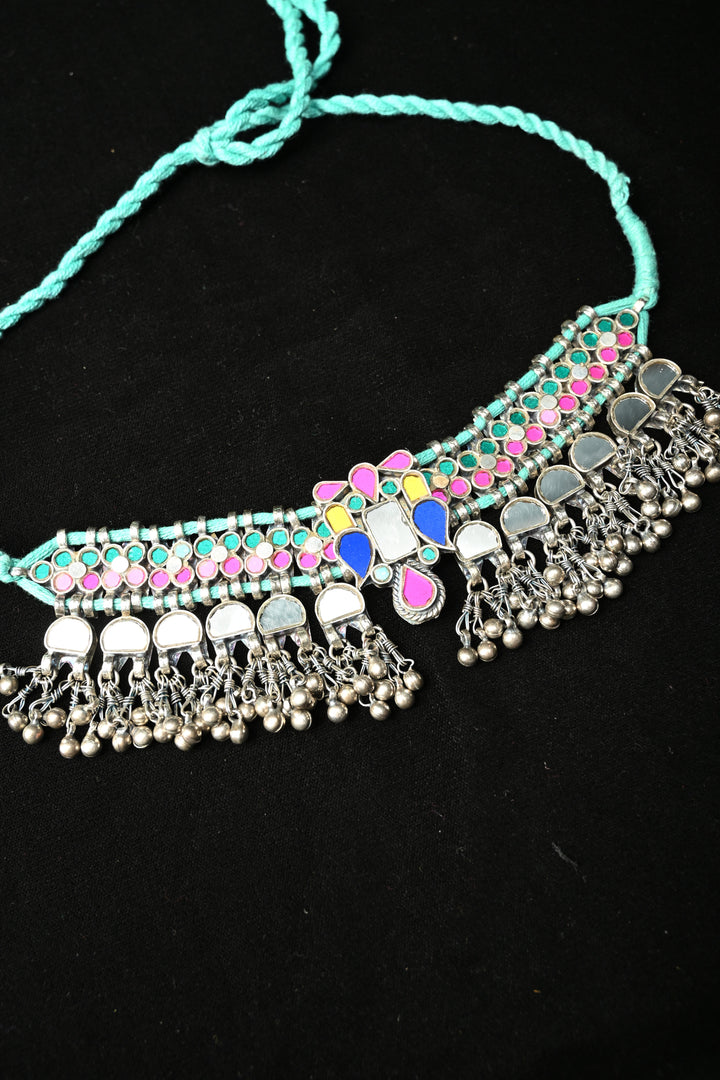 Ankitha Choker in German Silver and Real Glass with Antique Silver Polish