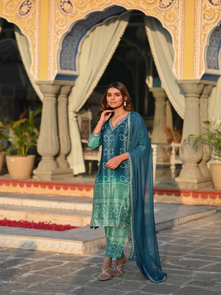 Blue and Green Ombré Pure Crepe Bandhani Suit Set- SET OF-2 | SHOBITAM