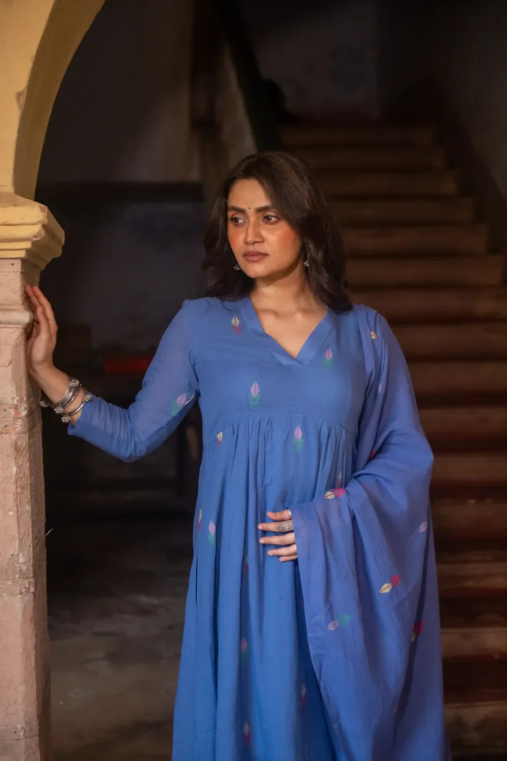 Handloom Sky Blue Pure Cotton Jamdani Kurta Set With Dupatta | SHOBITAM