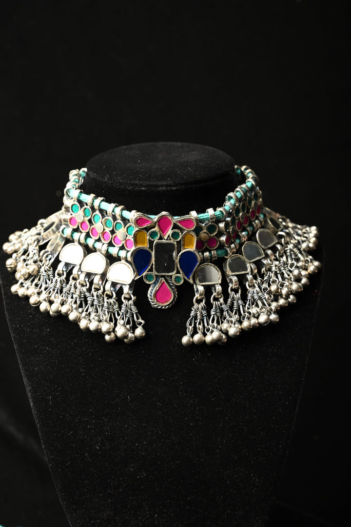 Ankitha Choker in German Silver and Real Glass with Antique Silver Polish