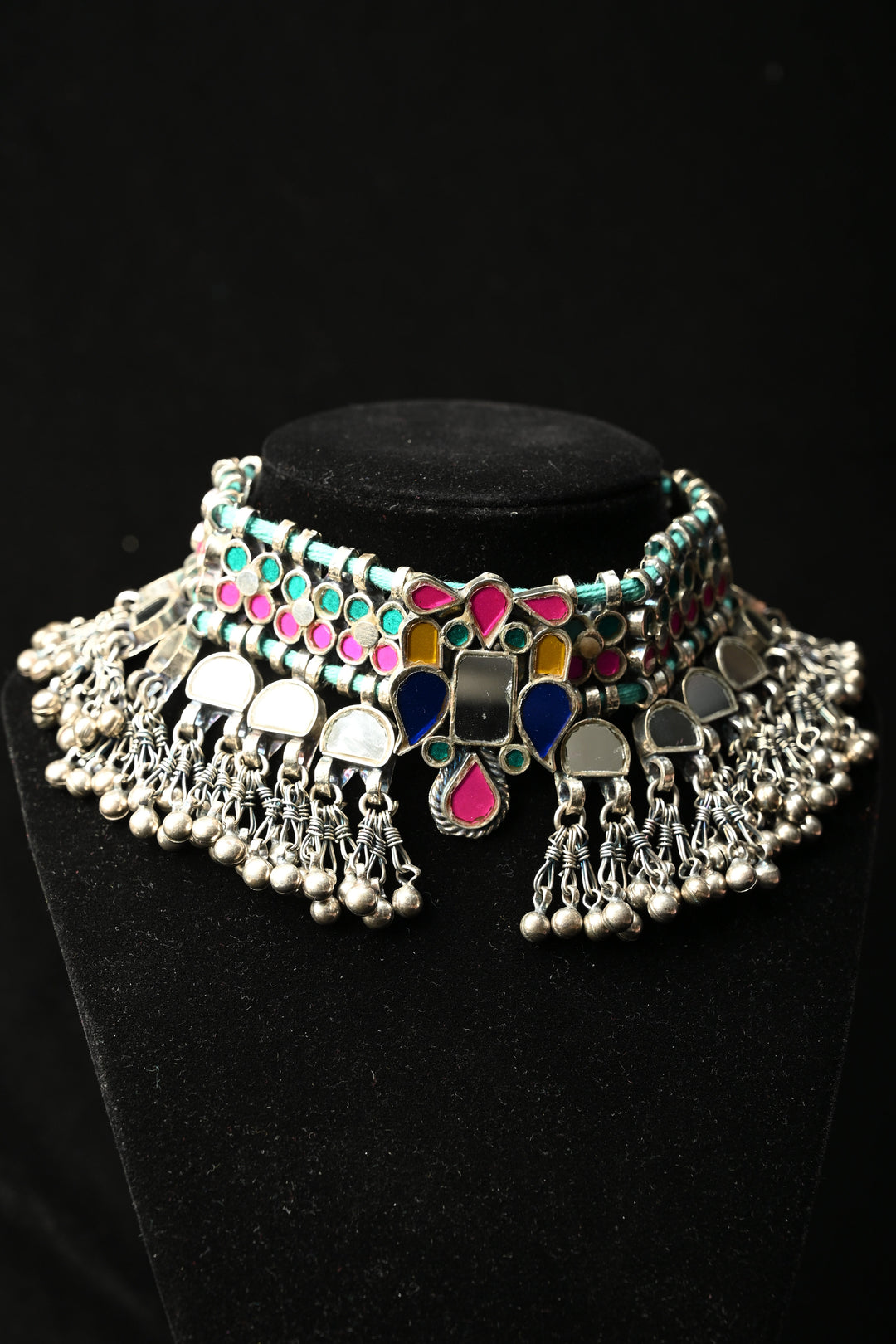 Ankitha Choker in German Silver and Real Glass with Antique Silver Polish