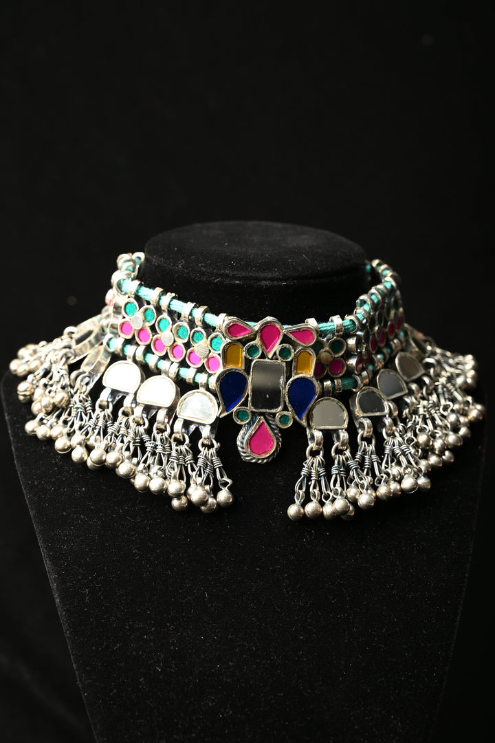 Ankitha Choker in German Silver and Real Glass with Antique Silver Polish