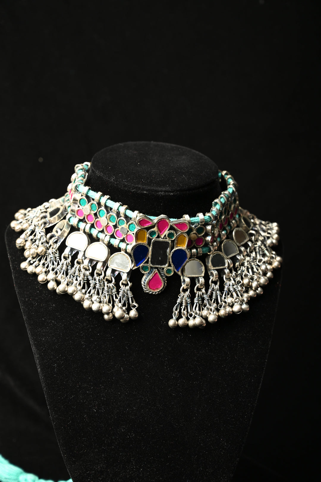 Ankitha Choker in German Silver and Real Glass with Antique Silver Polish