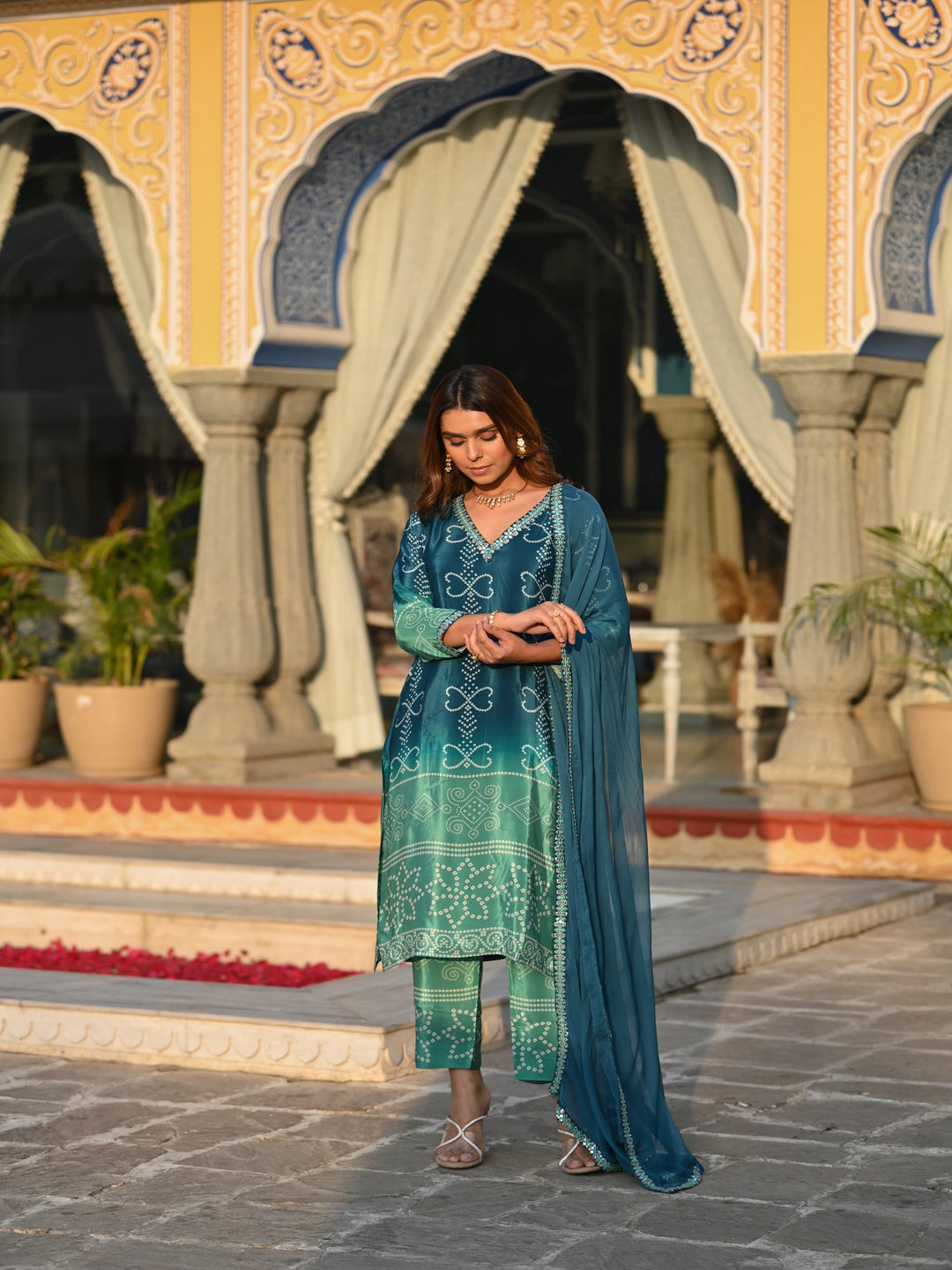 Blue and Green Ombré Pure Crepe Bandhani Suit Set- SET OF-2 | SHOBITAM