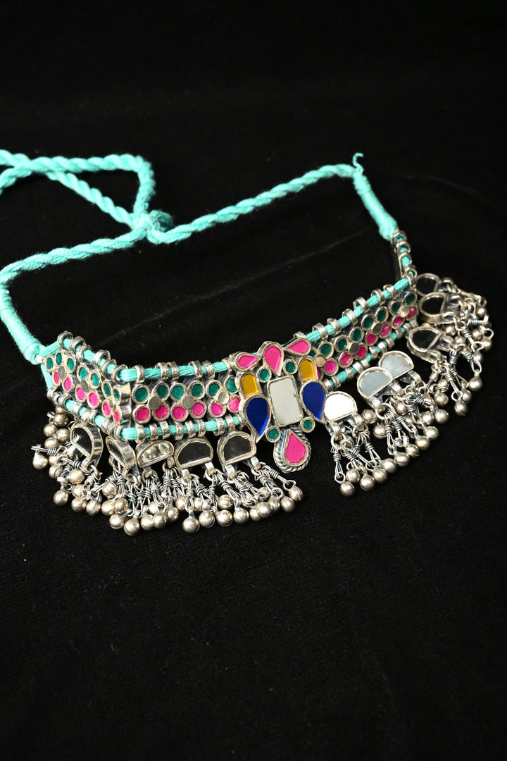 Ankitha Choker in German Silver and Real Glass with Antique Silver Polish
