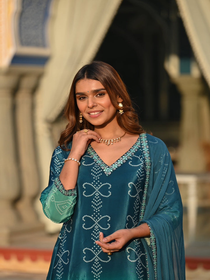 Blue and Green Ombré Pure Crepe Bandhani Suit Set- SET OF-2 | SHOBITAM