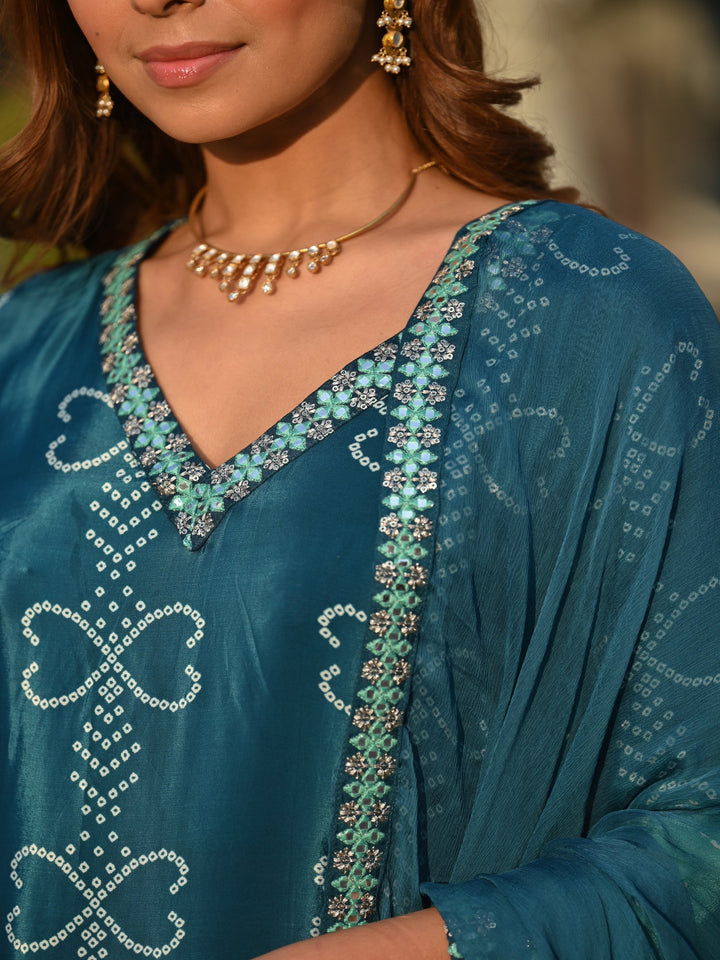 Blue and Green Ombré Pure Crepe Bandhani Suit Set- SET OF-2 | SHOBITAM