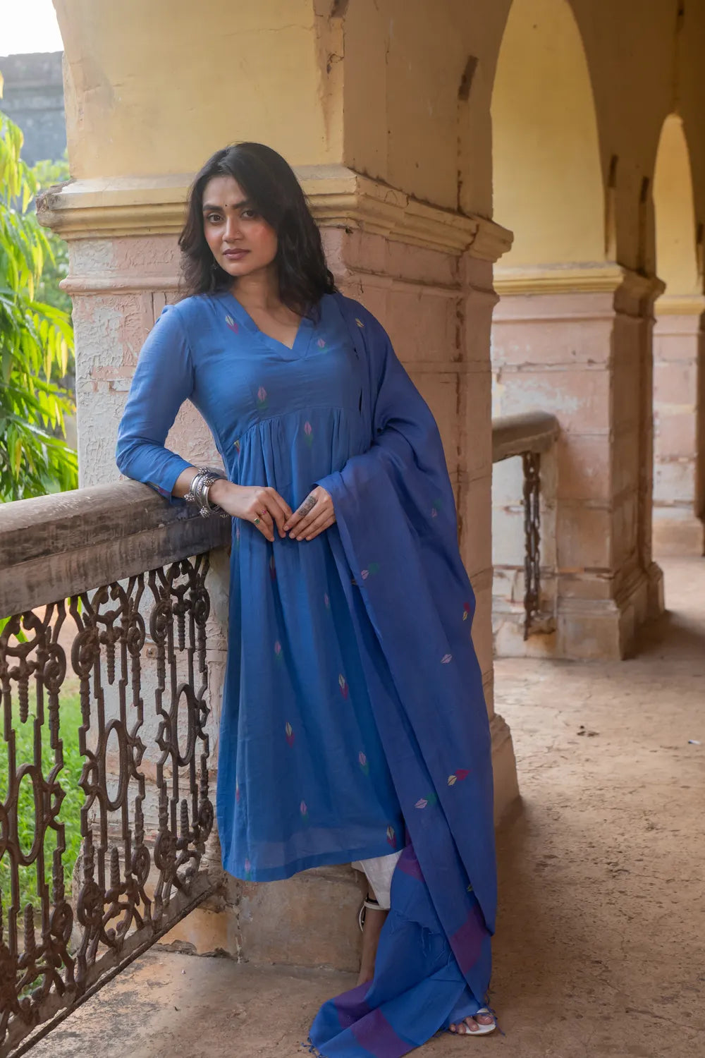 Handloom Sky Blue Pure Cotton Jamdani Kurta Set With Dupatta | SHOBITAM