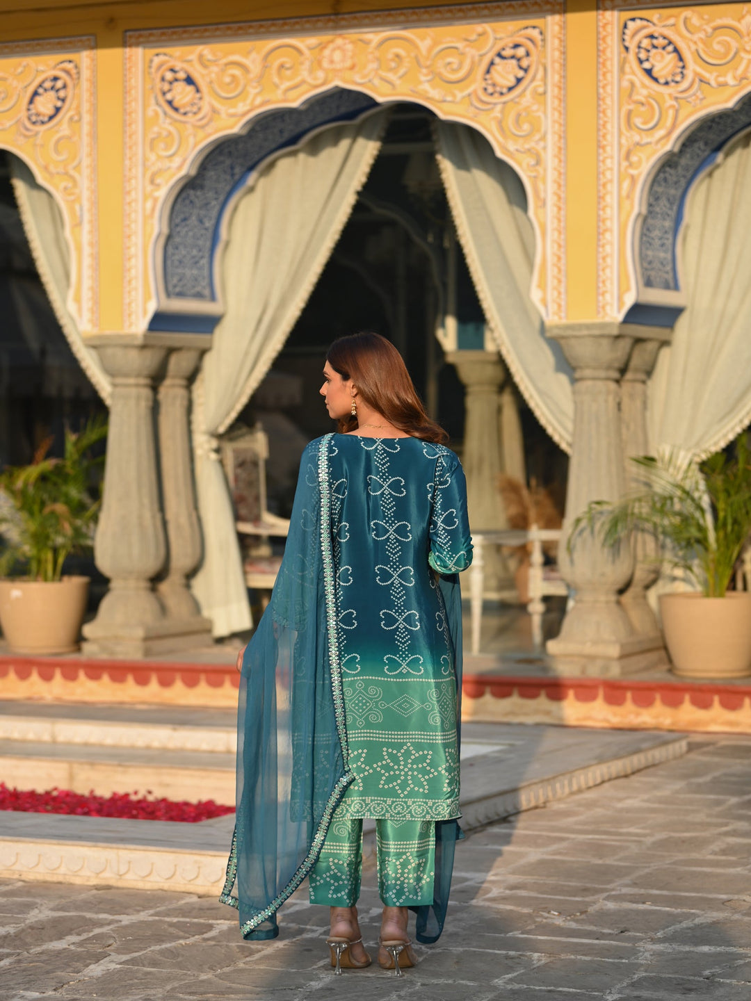 Blue and Green Ombré Pure Crepe Bandhani Suit Set- SET OF-2 | SHOBITAM