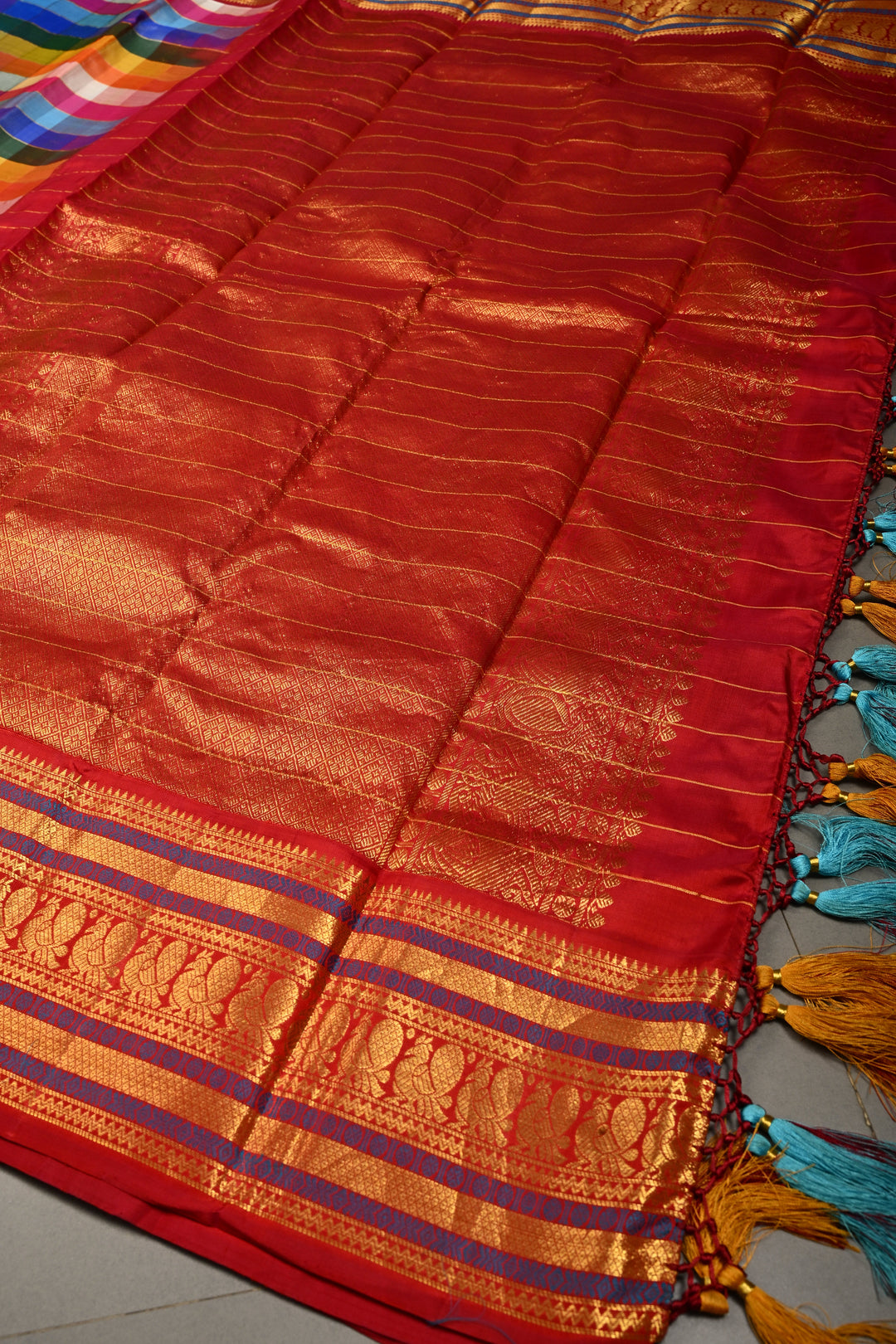 Exquisite Multicolor Korvai Pallum Pazhamum Kanjivaram Silk Saree with Zari Checks and Zari Border | SILK MARK CERTIFIED | SHOBITAM