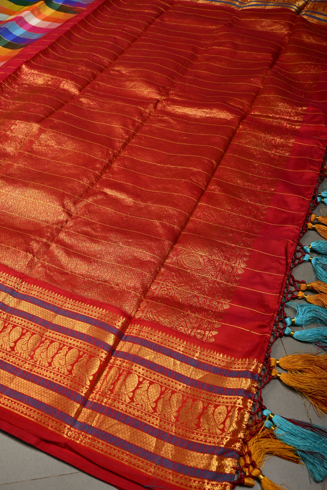 Exquisite Multicolor Korvai Pallum Pazhamum Kanjivaram Silk Saree with Zari Checks and Zari Border | SILK MARK CERTIFIED | SHOBITAM