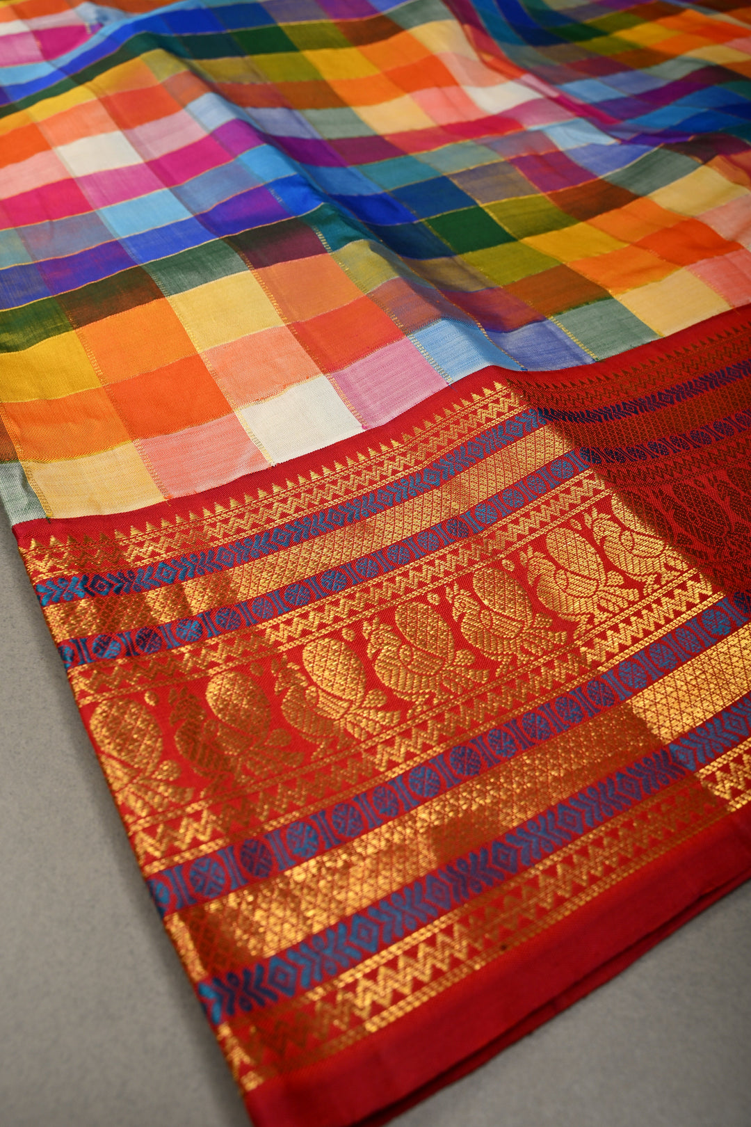 Exquisite Multicolor Korvai Pallum Pazhamum Kanjivaram Silk Saree with Zari Checks and Zari Border | SILK MARK CERTIFIED | SHOBITAM