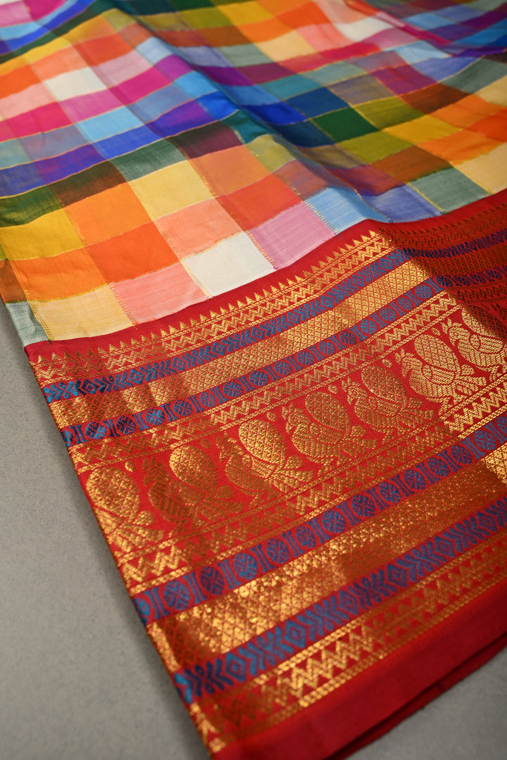 Exquisite Multicolor Korvai Pallum Pazhamum Kanjivaram Silk Saree with Zari Checks and Zari Border | SILK MARK CERTIFIED | SHOBITAM