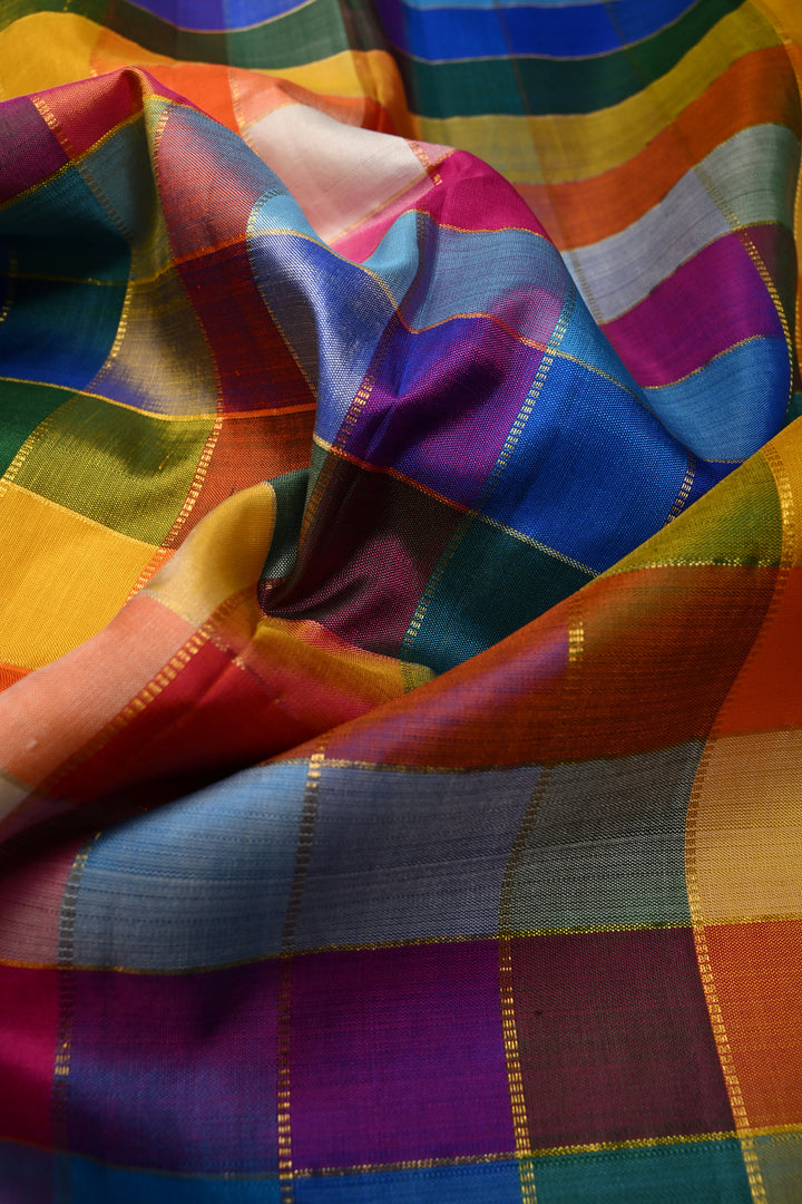 Exquisite Multicolor Korvai Pallum Pazhamum Kanjivaram Silk Saree with Zari Checks and Zari Border | SILK MARK CERTIFIED | SHOBITAM