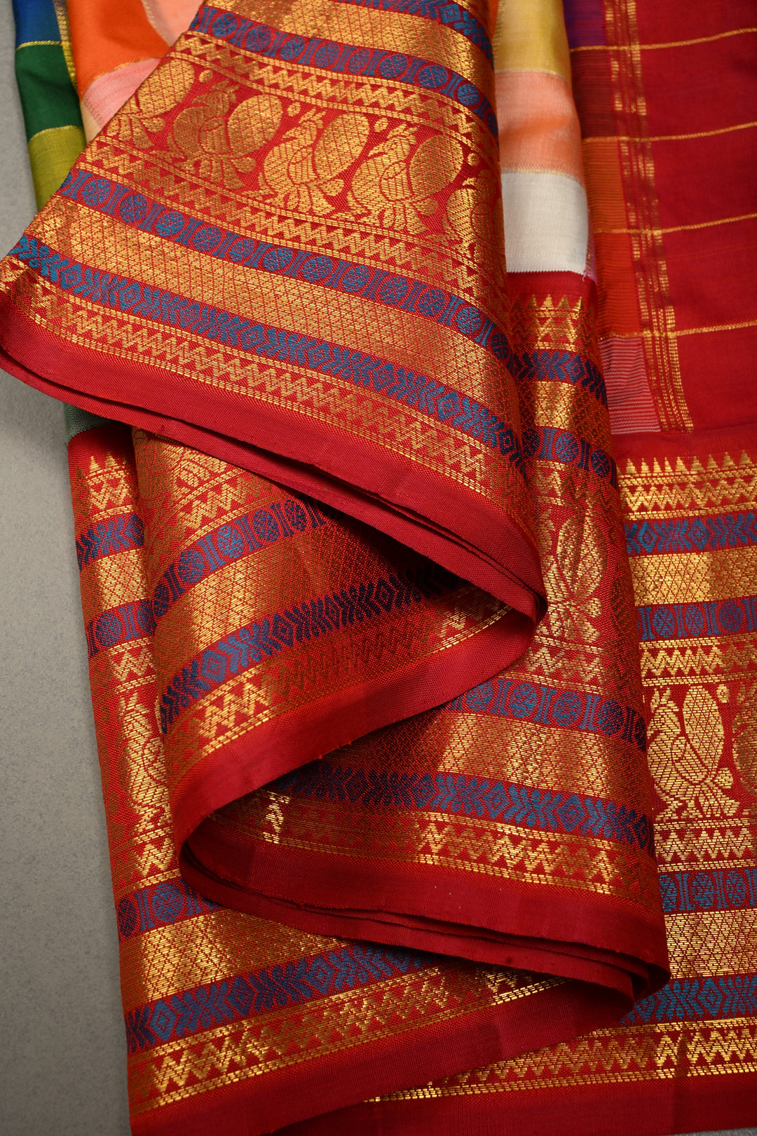 Exquisite Multicolor Korvai Pallum Pazhamum Kanjivaram Silk Saree with Zari Checks and Zari Border | SILK MARK CERTIFIED | SHOBITAM